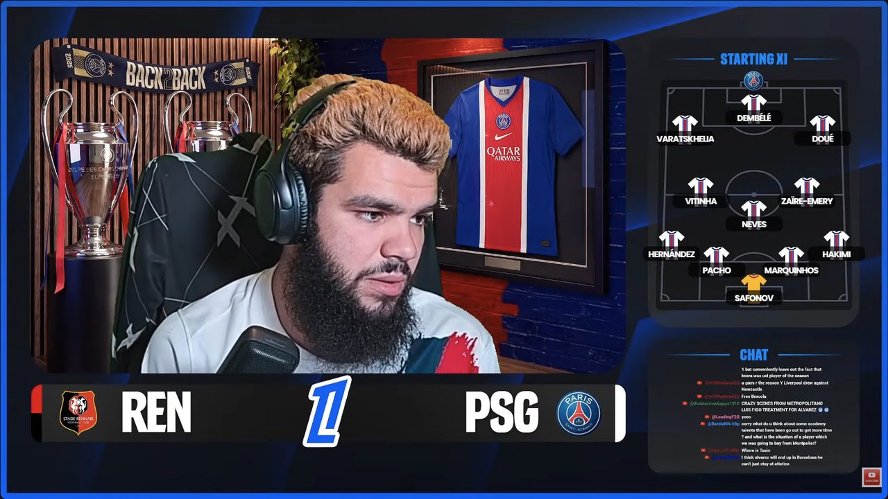 Webcam with a Starting XI lineup overlay for a Ligue 1 watchalong